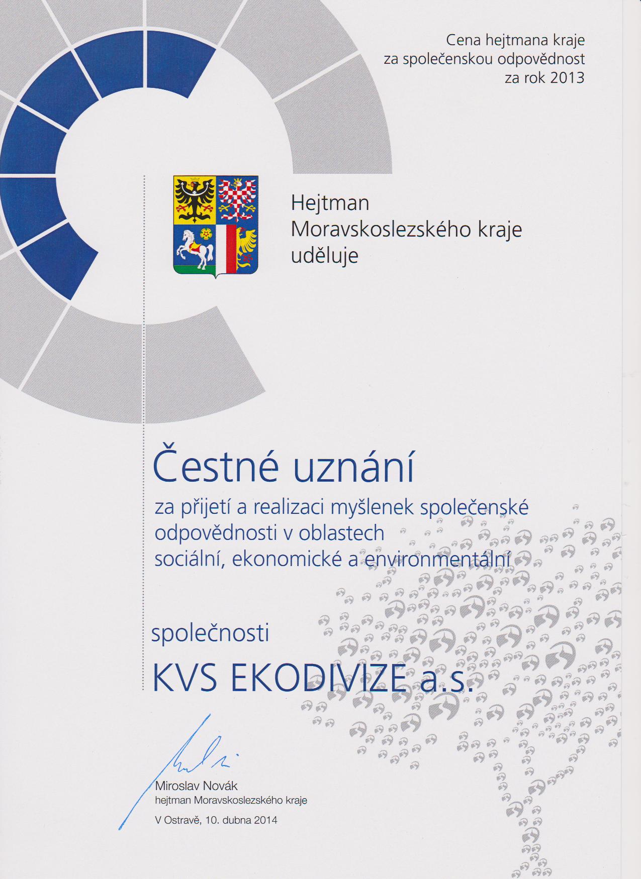 Čestné uznání pro KVS EKODIVIZE a.s. za rok 2013